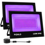 PIZHLO 2 Pack 120W LED Black Light, IP66 Waterproof Blacklight Flood Light with Plug, Switch and 5ft Cable, 385-400nm, for Blacklight Party, Fluorescent Poster, Halloween Decorations, Body Paint