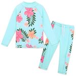 TFJH E Swimsuits for Girls Long Sleeve 2-Piece Rashguard Sunsuits Cyan Flower 8A