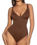 FeelinGirl Shapewear Bodysuit Tummy Control Slim Body Shaper Deep V Neck Thong Body Suits for Women(Brown,XS)