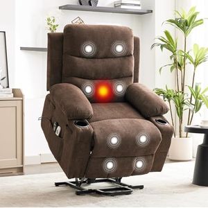 GarveeHome Power Lift Recliner Chair, Oversize Electric Recliners for Elderly with Heat and Massage, Stand Assist with Cup Holders, Side Pocket, Single Sofa Seat for Living Room, Brown