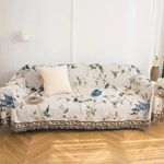 VClife Boho Beige Jacquard Couch Cover Modern Floral Bird Cotton Linen Slipcover for 3-4 Cushion Couch Sofa, 1 PC Retro Vintage Flowers Furniture Protector Futon L Shape Sofa Cover for Sectional Sofa