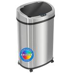 SensorCan 13 Gallon Sensor Trash Can with Wheels and AbsorbX Odor Control System, Stainless Steel, Oval Shape Automatic Kitchen and Office Garbage Bin (Powered by Battery or Optional AC Adapter)