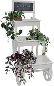 Sunnydaze 3-Tiered Flower Cart Display Stand with Wheels - Flower Display Stand or Planter - Wooden Cart with Chalkboard - White