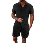 HAOLEI Mens Cotton Linen Shorts and Shirt Sets UK Sale Clearance Tracksuit Set Summer Co Ord Sets Short Sleeve Button Down Shirts & Shorts with Pockets 2 Piece Outfits Vacation Beach Wedding Suits