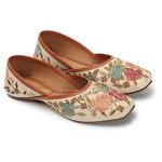 QUEEN LIZA Women's Genuine Soft Leather Embroidered Work, Jutis Punjabi Wedding Flat Ladies Juti Mojari (Numeric_3) Cream