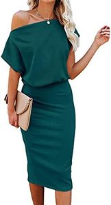 Ezbelle Summer Short Sleeve Bodycon Dresses Women's Midi Dress Off The Shoulder HIPS-Wrapped Knit Dress Cocktail Party Clothes DeepGreen 2