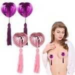 Xinjieda 2 Pairs Nipple Tassle Reusable Adhesive Nipple Covers Bra Shiny Shiny Sequin Heart-Shaped Nipple Stickers with Tassel Sexy Breast Pasties Bra for Women Couples Role Play (Pink, Purple)