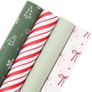 woric Christmas Wrapping Paper Jumbo Rolls Cute Sage Green White Bows Snowman and Red Stripes Design Gift Wrapping Paper for Holiday - 4 Rolls - 30 Inch x 120 Inch(10ft) Per Roll
