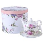 London Boutique Tea for One Teapot Tea Cup Saucer Set Gifts for Women Tea Set for 1 Flora Bird Rose Butterfly Porcelain Gift for Her (Beige/Cream)