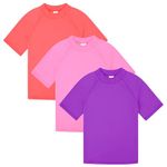 BIG ELEPHANT 3 Pack Kids Short Sleeve Rash Guard Shirt UPF 50+ Protection Swimwear Quick Dry Swim Tee Youth Rashguard, Purple/Pink/Coral Orange, Medium