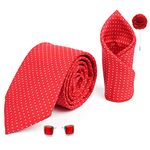 Axlon Mens Plaid Dotted Silk Necktie Gift Set With Pocket Square Cufflinks & Brooch Pin Tie For Men Formal With Leatherite Box (Red D1RDRX Free Size)