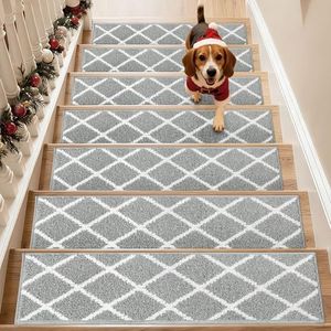 COSY HOMEER Edging Stair Treads Non-Slip Carpet Mat 28inX9in Indoor Stair Runners for Wooden Steps, Stair Rugs for Kids and Dogs, 100% Polyester TPE Backing 15pcs,Grey