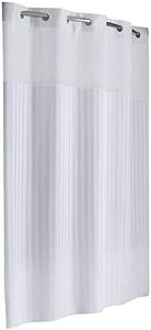 Hookless It's a Snap Satin Stripe Shower Curtain, 3-in-1 Shower Curtain Includes Fabric Shower Curtain with Sheer Top Window, Flex-On Rings & PEVA Liner, 71" x 74", Bright White