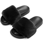 Womens' Furry Slippers Open Toe Indoor Outdoor House Casual Flat Slides Sandals (Size 9) Black