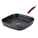 Rachael Ray Cucina Hard Anodized Nonstick Grill/Deep Square Griddle Pan, 11 Inch, Gray with Red Handles