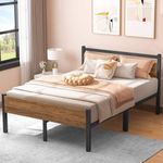 Yornoli Double Bed Frames with Wood Headboard 31.5cm Metal Platform Bed Frame with Storage Sturdy Non-Slip Without Noise No Box Spring Needed Black & Rustic Brown