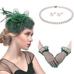 Magibag Fascinators Hat Veil Mesh Headband Gloves Pearl Necklace Earrings Wedding Flower Cocktail Mesh Feathers Hair Clip, B-blackish Green, Medium
