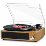 Record Player, FYDEE Vinyl Record Player with Built-in Speakers, Turntable for Vinyl Records, Belt-Drive 3-Speed (33/45/78 RPM) Bluetooth Player, Supports Headphone Jack, AUX IN, RCA - Natural Wood