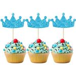 Ephlyn 24Pcs Crown Cupcake Toppers Glitter Queen Crown Cupcake Picks for Queen Princess Theme Baby Shower Girls Wedding Birthday Party Cake Decorations Supplies Blue