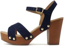 Soda MIGUEL ~ Women Crisscross Band Fashion Chunky Platform Block Mid Heel Sandal with Ankle Strap and Stud, Navy Suede, 7 US