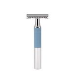 MÜHLE NEO safety razor | double edge safety razor | sustainable eco-friendly and reusable | fits all standard DE razor blades | for men and women | chrome with glacier blue silicone grip handle