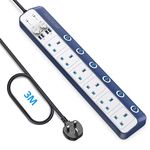 BESTEK 3m Surge Protector Extension Lead, 6 Way Individual Switch Power Strip Plug Socket with 4 USB Ports (Blue)