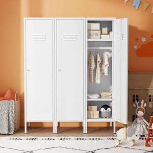 LINGZOE 1 Door Metal Locker Storage Cabinet with Magnetic Doors and Shelves,Home Clothes Toys Storage Lockers Wardrobe Organizer for Kids(White)