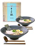 APEX S.K. 2 Sets 1700 milliliters Large Ceramic Japanese Ramen Noodle Soup Bowl Dishware Ramen Bowl Set with Matching Spoon and Chopsticks for Udon Soba Pho Asian Noodles