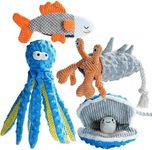 Nocciola 4 PCS Crinkle Squeaky Dog Toys | Blue Octopus Dog Toy | Ocean Stuffed Dog Toys Pack, Interactive Rope Dog Toys for Puppy, Small, Medium & Large Dogs, Durable Dog Toys for Aggressive Chewers