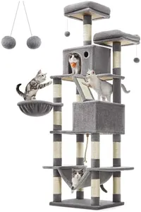 Feandrea Cat Tree, 81.1-Inch Large Cat Tower with 13 Scratching Posts, 2 Perches, 2 Caves, Basket, Hammock, Pompoms, Multi-Level Plush Cat Condo for Indoor Cats, Light Gray UPCT190W01