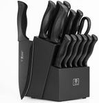 HUNTER.DUAL Knife Set, Dishwasher Safe Kitchen Knife Set with Block, 15 Pcs Black Kitchen Knife Sets with Block Self Sharpening, 6 Steak Knives, Black