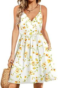 WEACZZY Women's 2024 Summer Dresses V Neck Spaghetti Strap Sundress Casual Beach Flowy Mini Dress with Pockets, Apricot Flower, Small