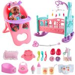 deAO 12” 21 Pcs Baby Doll Play Set with Miniature Crib, Mobile, High Chair Feeding Accessories, Interactive Dolls For Girls Children Realistic Pretend Play Baby Dolls (DOLL NEW)
