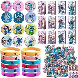 86Pcs Lilo St-itch Cadeaux d'anniversaire pour Enfants, 12 Sacs Cadeaux + 12 Bracelets en Silicone + 12 Badges + 50 Autocollants pour Enfants, pour les Fêtes d'anniversaire des Garçons et des Filles