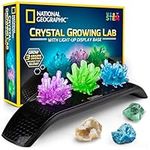 NATIONAL GEOGRAPHIC Crystal Growing Kit - 3 Vibrant Coloured Crystals to Grow with Light-Up Display Stand & Guidebook, Includes 3 Real Gemstone Specimens Including A Geode & Green Fluorite