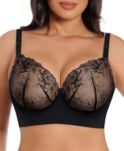 SHAPELLX Bras for Women Full Coverage Back Smoothing Bra Lace Underwire Side Support Lift Plus Size Bra Black/Nude 42DDD