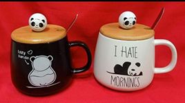 OANGO Ceramic Panda Coffee Mug/Cup with Lid & Spoon- Birthday Gift for Friend-2 Piece-350