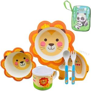 JUGUTEE Bamboo Fiber Dinner Set for Kids - Baby Feeding Bowl, Bamboo Fibre Kids Set, Bamboo Fiber Plates for Kids, Babies Feeding Set, Kids Feeding Set, Kids Feeding Set Bamboo (Lion Plate)