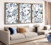 Large Framed Wall Art - Natural Float Framed Rustic Grey White Flowers Canvas Pictures Decor Gray Blue Leaves Artwork Prints for Bedroom Living Room Kitchen Home Office Decoration 120 X 60 CM Set of 3