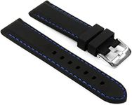 EwatchAccessories Replacement 20mm Silicone Rubber Black With Blue Stich Dive Watch Band Strap With Silver Buckle