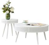 Modern Farmhouse Round Coffee Table Set of 2,Iron Rattan End Table with Hidden Storage Basket,29.1” Nesting Side Table for Living Room,Balcony,Patio,Swimming Pool (White)