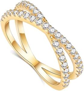IMOLOVE Moissanite Wedding Band, Criss Cross Ring Wedding Bands for Women Yellow Gold Plated Sterling Silver Eternity Band Rings for Women Stackable Moissanite Eternity Band Rings for Women Size 7