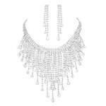 Rosemarie & Jubalee Women's Stunning Round Drop Crystal Fringe Choker Necklace Hypoallergenic Earrings Bridal Set, 14"-18" with 4" Extender