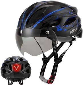 Favoto Casco de Ciclismo para Adulto con Gafas luz Trasera Forro Desmontable tecnología de Moldeado EPS Transpirable y Ligero Ajustable de 57 a 61cm Negro+Azul