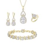 Clearine Jewellery Set for Women Gold Plated Clear Teardrop Cubic Zirconia Necklace Open Adjustable Ring Earrings Bracelet Set Gifts for Wedding/Anniversary/Mothers Day/Birthday/Christmas