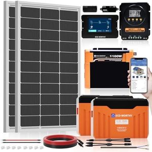 ECO WORTHY 12V 200W Solar Panel kit with Battery and Inverter for RV Off Grid:2PCS 100W Solar Panel,2PCS 12V 100Ah Lithium Battery with SOC Display,1100W Inverter,20A MPPT Controller with Bluetooth