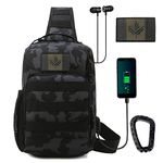 Tactical Sling Backpack, Molle Shoulder Backpacks Military Chest Pack Bag Crossbody Outdoor Bags with USB Charging port, CA Flag Patch and Carabiner(1 Pack Black Camo)