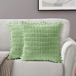 AUTOWT 2 Packs Decorative Throw Pillow Covers - 45 x 45 cm Outdoor Cushion Cases with Pom-poms - Boho Home Decor - Square Striped Corduroy Pillowcase for Couch Sofa Bed Bedroom Living Room (Green)