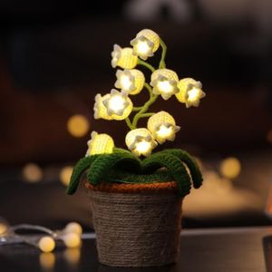 Lily of Valley Lamp, Crochet Artificial Flowers with Night Lights Fake Lily of Valley Included Pots - for Gift, Birthday, Ideas for Valentine's Day Mother's Day, Desk Home Decorations (L, Warm Lamp)