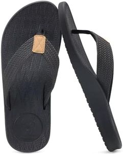 KuaiLu Mens Flip Flops Arch Support Comfortable Waterproof Open Toe Summer Beach Leather Thong Sandals Cushion Slip on Slippers Black Size 14